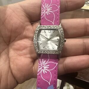 Working Kim Rogers 27mm Pink Flower Band Crystal Square Dial Woman's Watch Fit 8